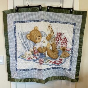 Baby Blanket Quilt Blue White Green Bear Giraffe Toy Satin VTG Cottage Farm Boho